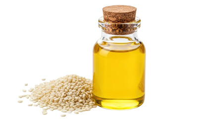 Isolated oil in a glass bottle with a cork top and sesame seeds next to it, nutritious oil