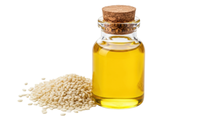 Isolated oil in a glass bottle with a cork top and sesame seeds next to it, nutritious oil