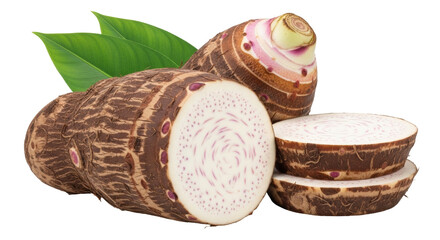 Isolated edible taro roots with green leaves for cooking and other preparations