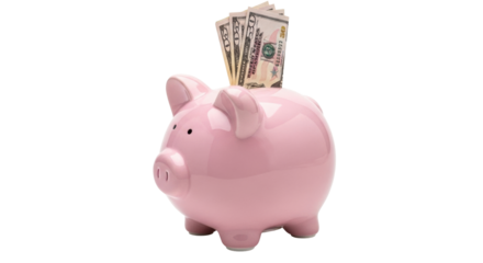 Isolated ceramic pink piggy bank with fifty dollar banknotes, saving money for the future