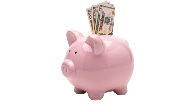 Isolated ceramic pink piggy bank with fifty dollar banknotes, saving money for the future