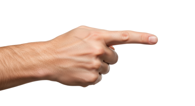 Isolated male hand pointing to the right as if showing directions or choosing an option