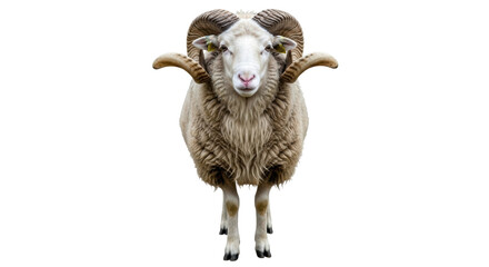 Isolated horned ram in studio, domestic animal, male sheep with large spiral horns, livestock