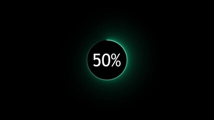 Abstract glowing neon circle loading bar animation on black background .  Neon circle in charging percent icon. futuristic technology concept on animation video.. 50%  charge available right now 