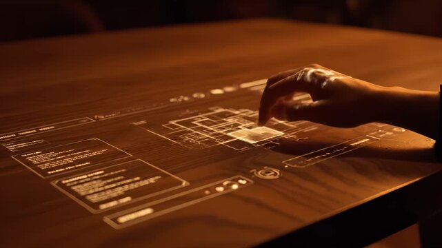 a person's hand interacting with a projected holographic architectural blueprint and data interface directly onto a dark wooden table, showcasing smart home control and future technology.