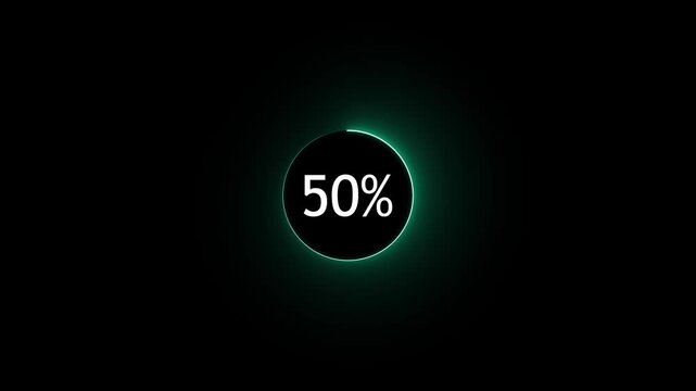 Abstract glowing neon circle loading bar animation on black background .  Neon circle in charging percent icon. futuristic technology concept on animation video.. 50%  charge available right now 