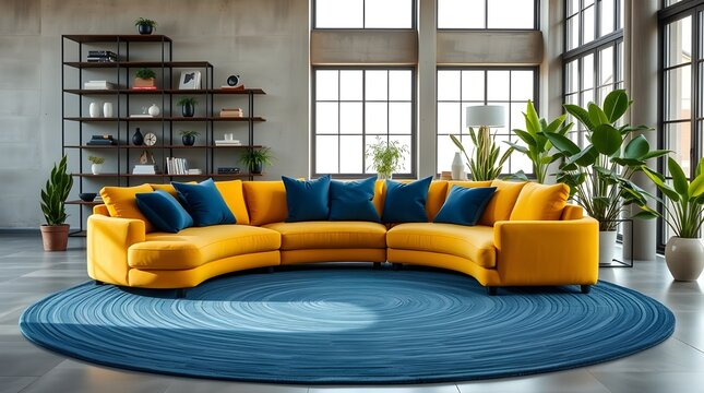 Vibrant yellow curved sofa with blue pillows, positioned in a minimalist loft-style home interior for a modern living room, Generative AI