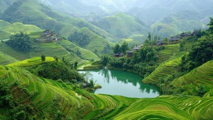 Lush green rice terraces with tranquil lake and traditional houses nestled in the mountains.
