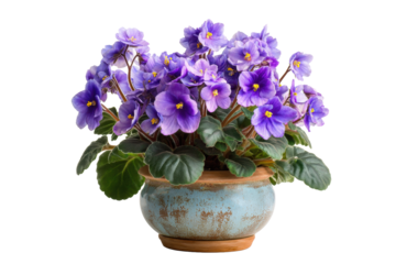 African violet in rustic ceramic pot on transparent background