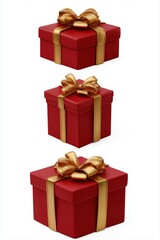 Fototapeta premium Red gift boxes with golden ribbons arranged vertically on white background
