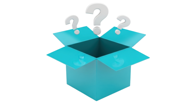 Isolated Turquoise Box with Question Marks, Conundrum, Solution, Mystery, Surprise, Gift