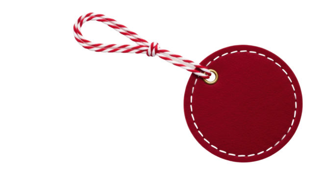 Isolated decorative gift tag with loop of red and white twine, blank price label