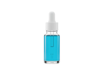 Blue liquid in glass bottle with dropper isolated on transparent background, serum or essential oil PNG