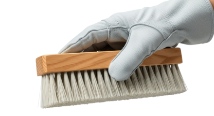 Isolated brush tool held by a leather-gloved hand ready for scrubbing or cleaning tasks ahead