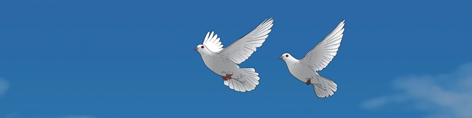 Fototapeta premium Two white doves flying in clear blue sky