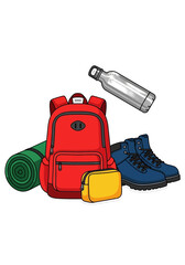 Naklejka premium Flat Cartoon Vector Illustration of Essential Hiking Camping Gear