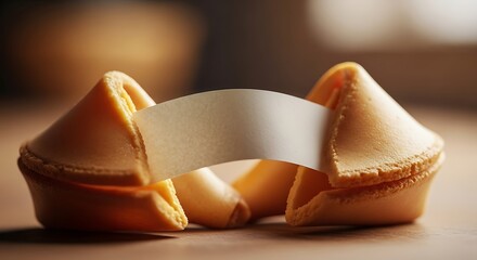 A close up of a fortune cookie cracked open with a blank paper sticking out on a wooden surface