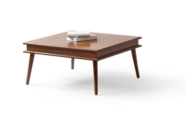 wooden coffee table and a few books on it isolated on white background .