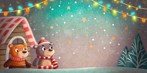 Two bears wearing scarves and hats enjoy cozy holiday lifestyle under glowing lights and falling snow during magical Christmas night