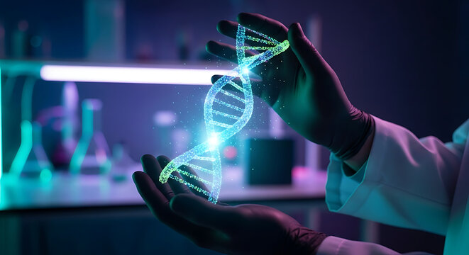 Futuristic Holographic DNA in Scientific Research. A scientist wearing laboratory gloves presents a glowing holographic DNA structure in a high-tech laboratory