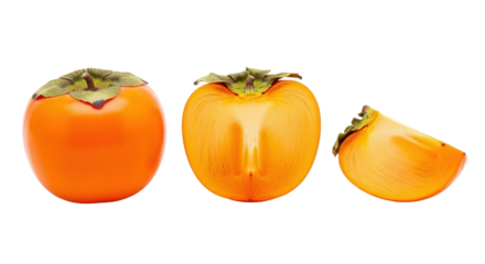 Isolated three persimmon fruit, whole, halved, and quartered on a plain surface, side-by-side