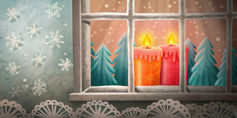 Christmas candlelight glows warmly through frosted window with snowflake patterns creating cozy holiday lifestyle scene in winter forest