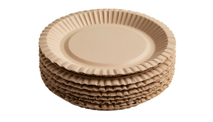 Stack of Brown Disposable Paper Plates on White Background – Eco-Friendly Tableware isolated on transparent background