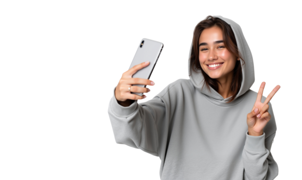 Happy young woman takes a selfie with smartphone, flashing a peace sign, capturing a moment - Powered by Adobe