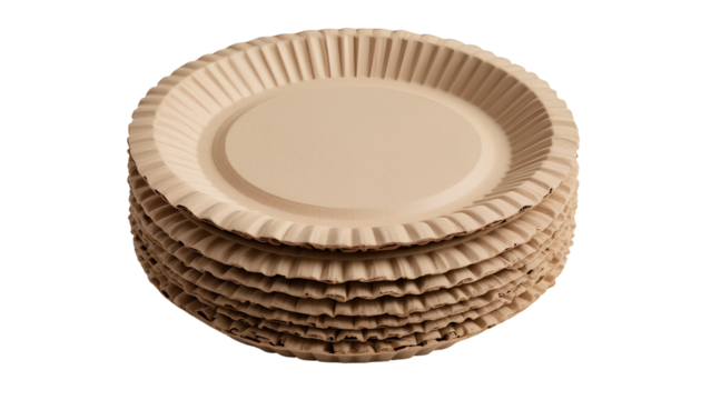 Stack of Brown Disposable Paper Plates on White Background – Eco-Friendly Tableware isolated on transparent background