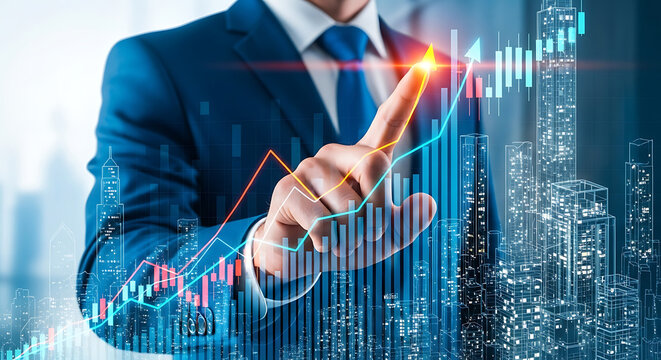 Businessman analyzing financial stock market data with futuristic interface