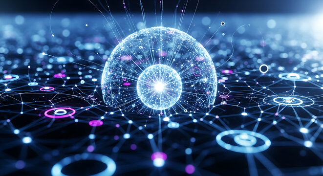 Abstract glowing digital network with interconnected nodes and futuristic technology