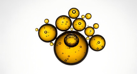 Fototapeta premium Macro photograph of golden oil bubbles clustered together against a white background