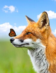 Fox with butterfly in a meadow