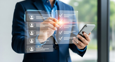 Businessman using futuristic digital interface for data management and analysis