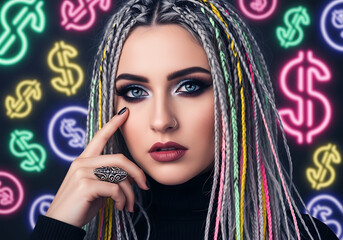 Neon Dollar Sign Glow Girl with Colorful Braids, Cyberpunk Vibe, Wealth Symbolism, Dark Background, Financial Power, With Copy Space