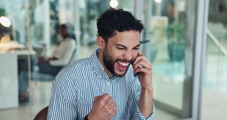Excited, businessman or winning with phone call on laptop for promotion, good news or bonus in office. Happy, man or employee with smile or computer on mobile smartphone for achievement or success - Powered by Adobe