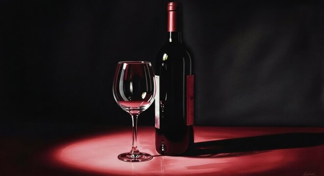 Red wine bottle and glass on dark background with spotlight