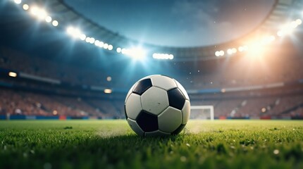 Naklejka premium Soccer ball on green grass in stadium under floodlights