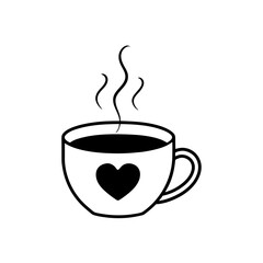 Obraz premium Cup of coffee with heart and steam outline on transparent background silhouette