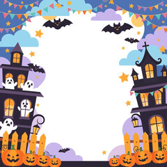 A funny cartoon vector illustration of a Halloween pumpkin frame with a cat, witch, and bat for a children's card