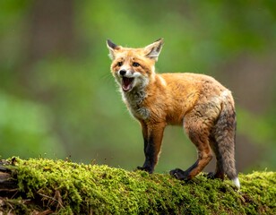 Foxy pup on mossy log in forest
