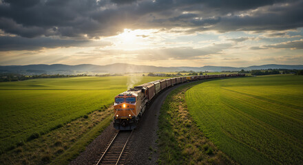 Train traveling through scenic countryside landscape under dramatic skies during sunset.copy space