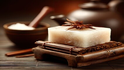 Elegant bar of soap on a wooden stand.