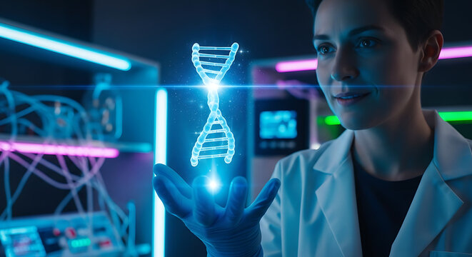 Futuristic Holographic DNA in Scientific Research. A scientist wearing laboratory gloves presents a glowing holographic DNA structure in a high-tech laboratory