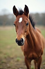 Close view of a horse head. Brown horse portrait stands in farm. White spot on forehead. Horse looks straight. Calm animal posing in field. Domestic mammal observes nature.