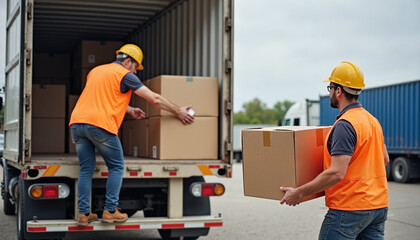 Workers loading cardboard boxes into truck with helmets and safety vests during logistics operation