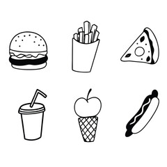 “Minimal Food Icon Set – Burger, Fries, Pizza, Ice Cream, Hotdog, Drink | Vector Outline Pack”

