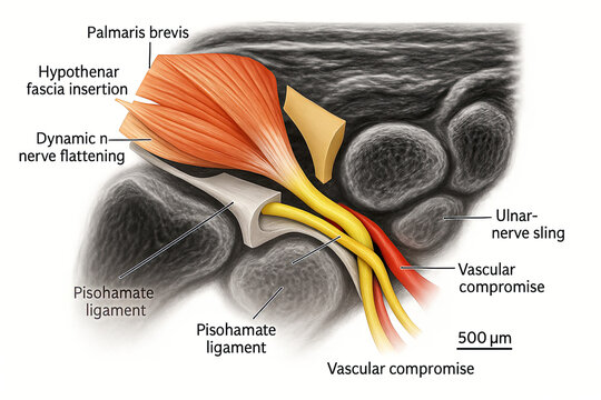 Detailed illustration of the human wrist anatomy, highlighting the Palmaris brevis muscle, hypothenar fascia insertion, ulnar nerve sling, and vascular compromise.