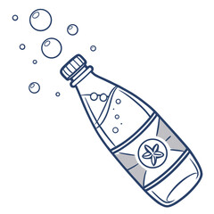 Hand drawn illustration of a glass bottle filled with sparkling water and bubbles rising upwards on a white background