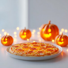 Delicious Pepperoni Pizza on Plate with Glowing Halloween Pumpkins and Festive Lights, Perfect for Holiday Party Food, Autumn Celebration, and Spooky Decor